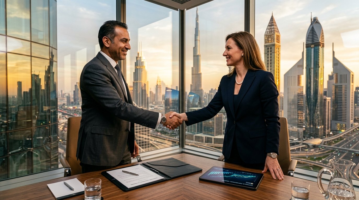 Visionary business leaders agreeing on investment in high-rise Dubai boardroom