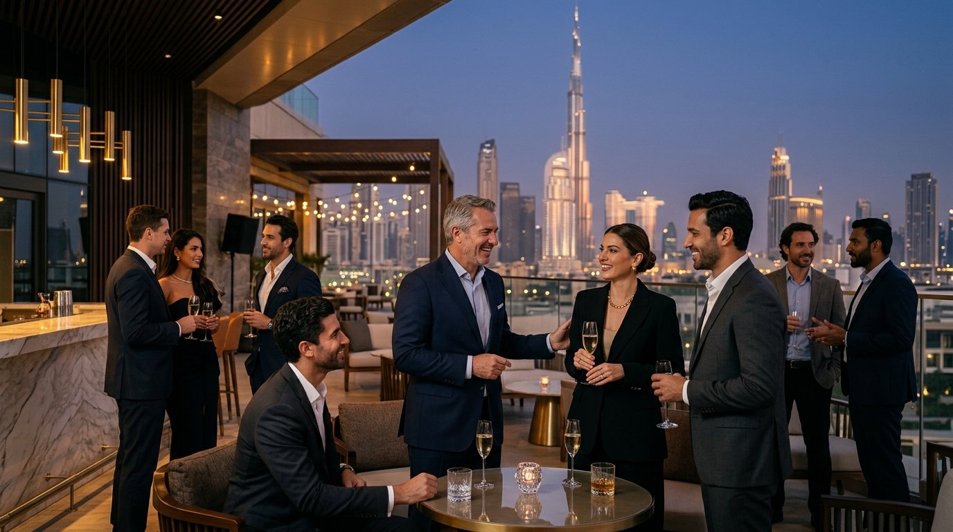 High-level executives and founders networking in an exclusive Dubai rooftop lounge