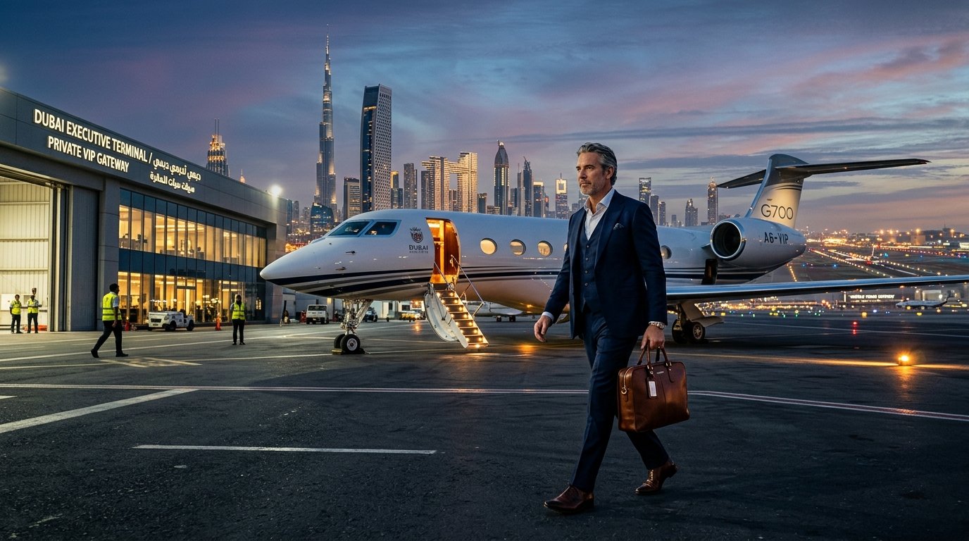 International CEO at Dubai VIP private executive terminal with skyline background