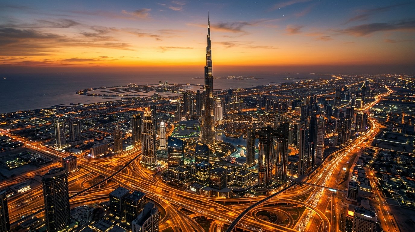 Dubai skyline aerial view at golden sunset