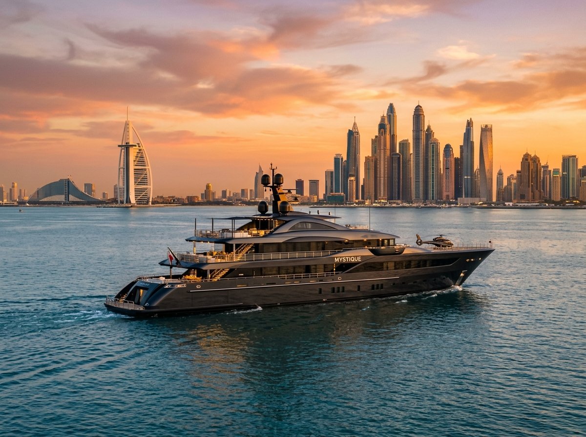 Luxury private mega yacht cruising past Dubai marina