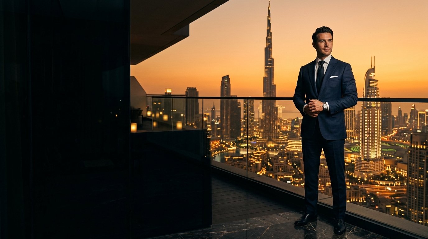 Dubai Business Executive on high-rise penthouse terrace overlooking Burj Khalifa at sunset